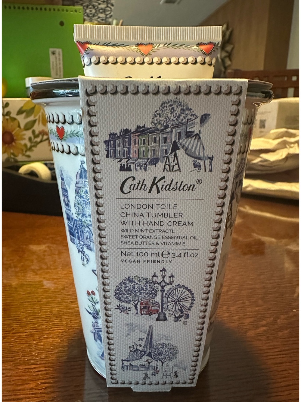 Cath Kidston Blue & White London Toile China Tumbler with London Tea Hand Cream